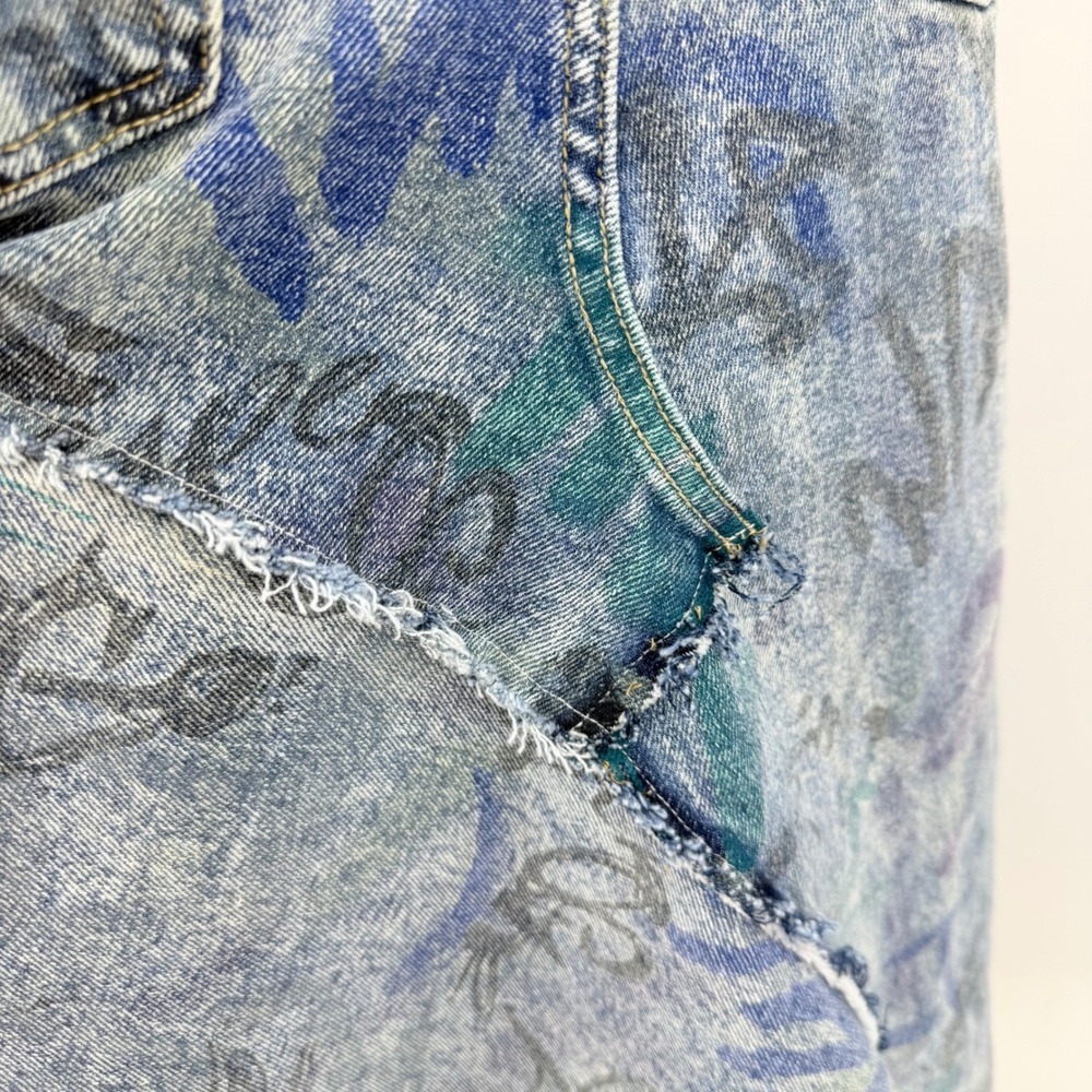 Upcycled Thrashed Denim Skirt Asymmetrical Raw Hem Patchwork Grunge Y2K 2 Punk - Picture 6 of 7